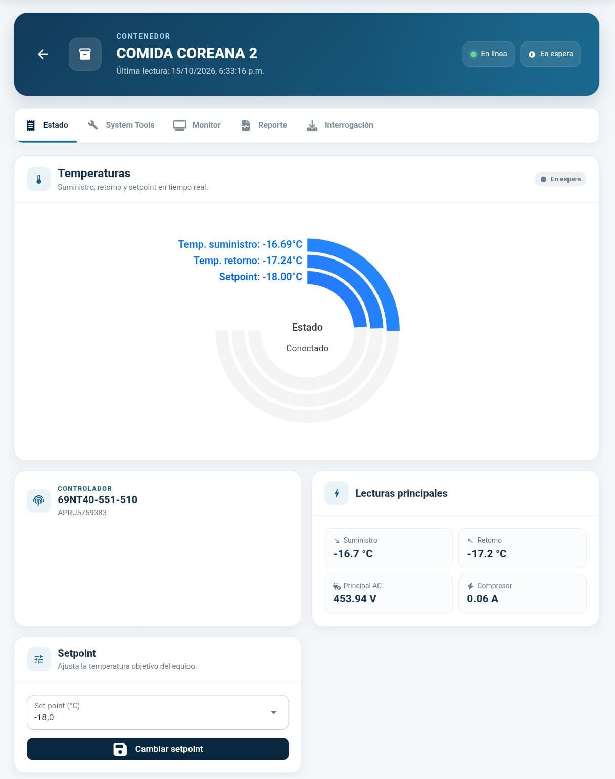 Captura real de GlobalCold Link: monitoreo de contenedores y lecturas de temperatura