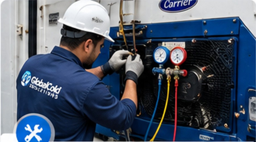 Técnico de GlobalCold realizando mantenimiento a una unidad de refrigeración
